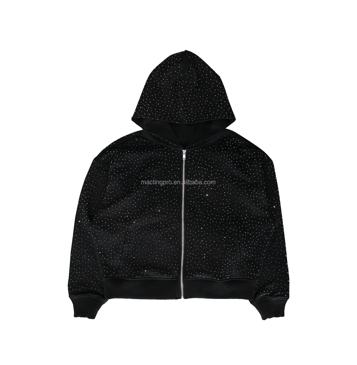 Black Vintage Rhinestone Hoodie Distressed Embroidery Patch 220 Grams Heavyweight Acid Wash