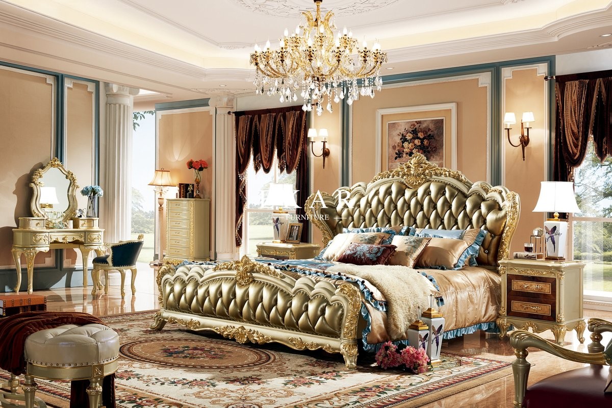 Royal Wooden Carved Design Luxury Leather Headboard King Size Bed LF-029