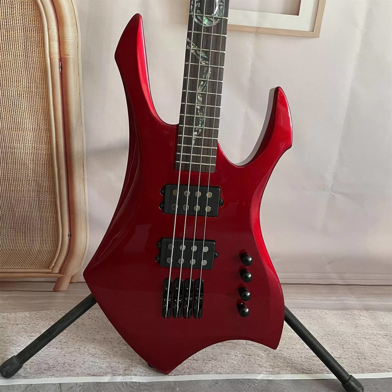 Custom Special Irregular Body Shape Transparent Red Electric Bass Guitar 4 Strings Basswood Body