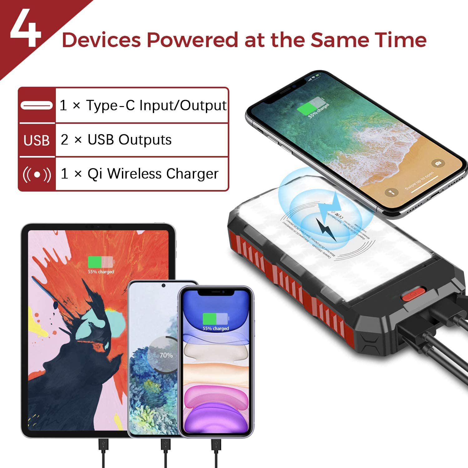 ABS PC Outdoor Wireless 30000mAh Solar Power Bank With Solar Panel