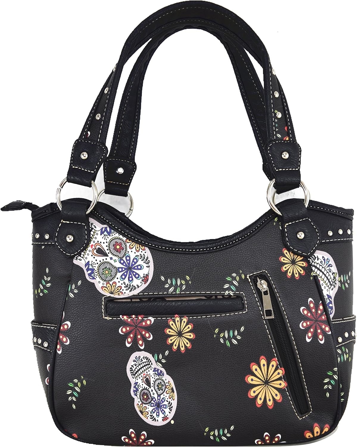 PUNK GOTHIC ROCK METALLIC SKULL DAY OF THE DEAD FLORAL SUGAR SKULL LEATHER PURSE WOMEN HANDBAG SHOULDER BAG WALLET SET