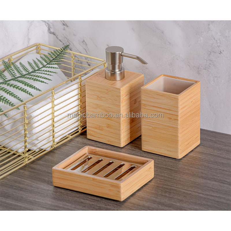 3Pcs Natural Bamboo Soap Dispenser Set Customized for Bathroom