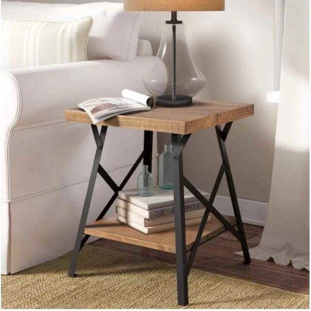 Solid Wood Top 23.2''H Modern Industrial End Table 23lb Metal Base