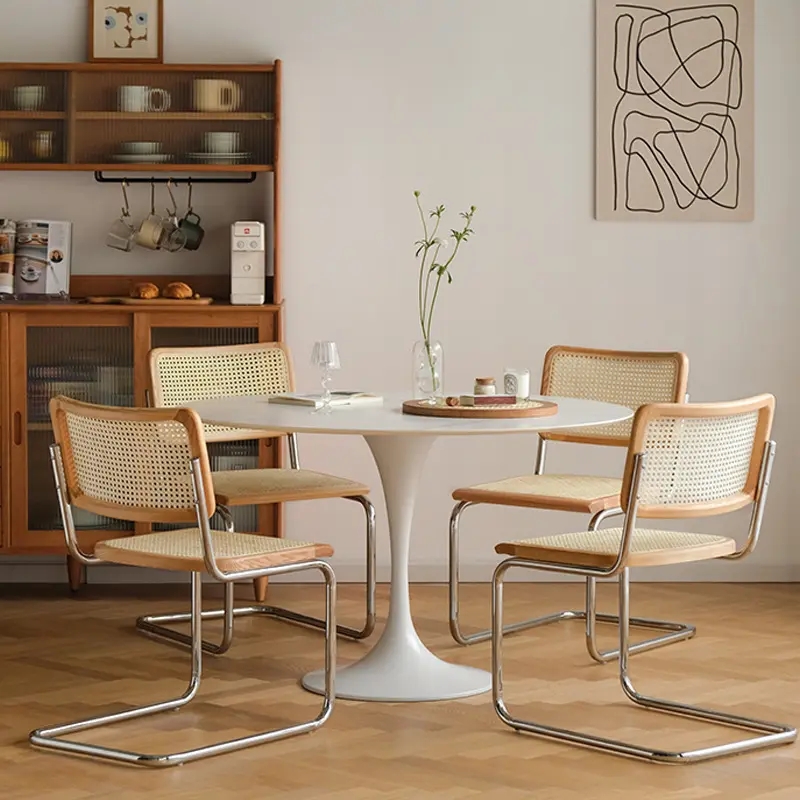 Customized Cafe Mid Century Cane Dining Chairs With Stainless Steel Frame