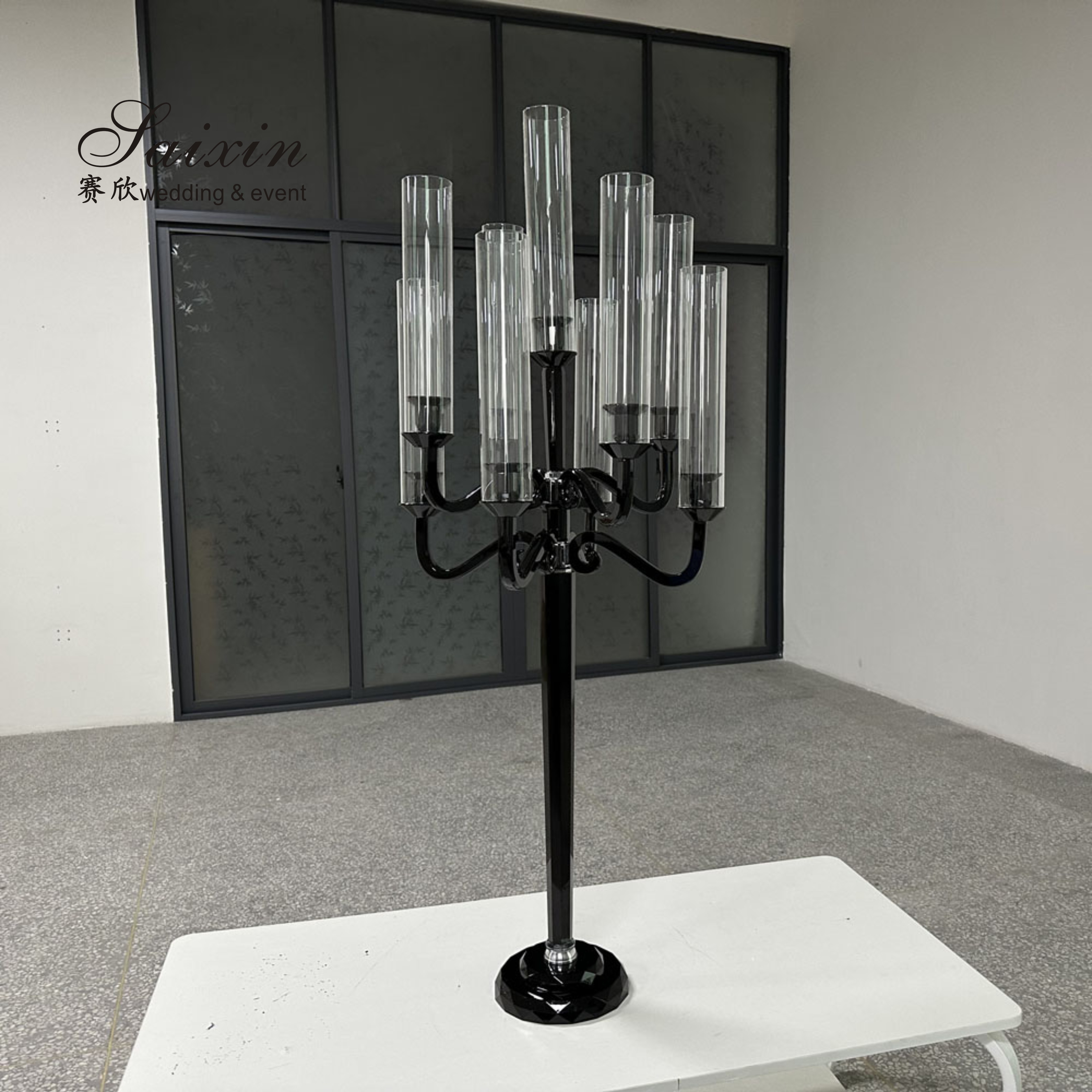 3 Arm 9 Arm Crystal Candelabra Wedding Black Glass Wedding Table 110CM