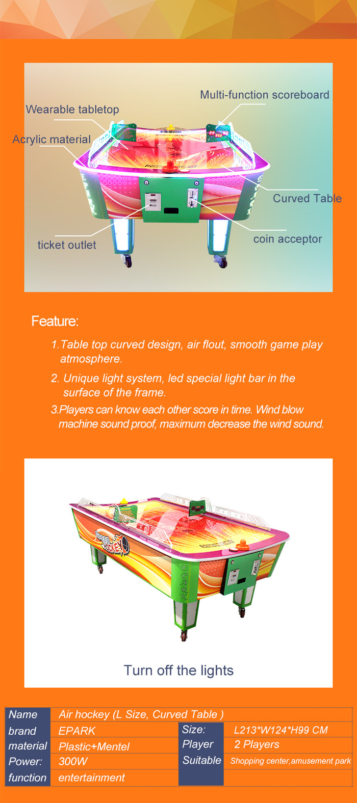 Child Amusement Game Machines Coin Operated L Size Curved Air Hockey Table