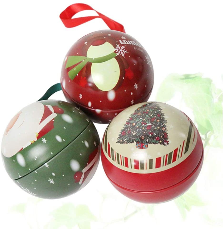 Christmas Tree Baubles Ornaments Tinplate Candy Tin Box Xmas Tree Ball Pendant Kids Holiday Surprise Gift