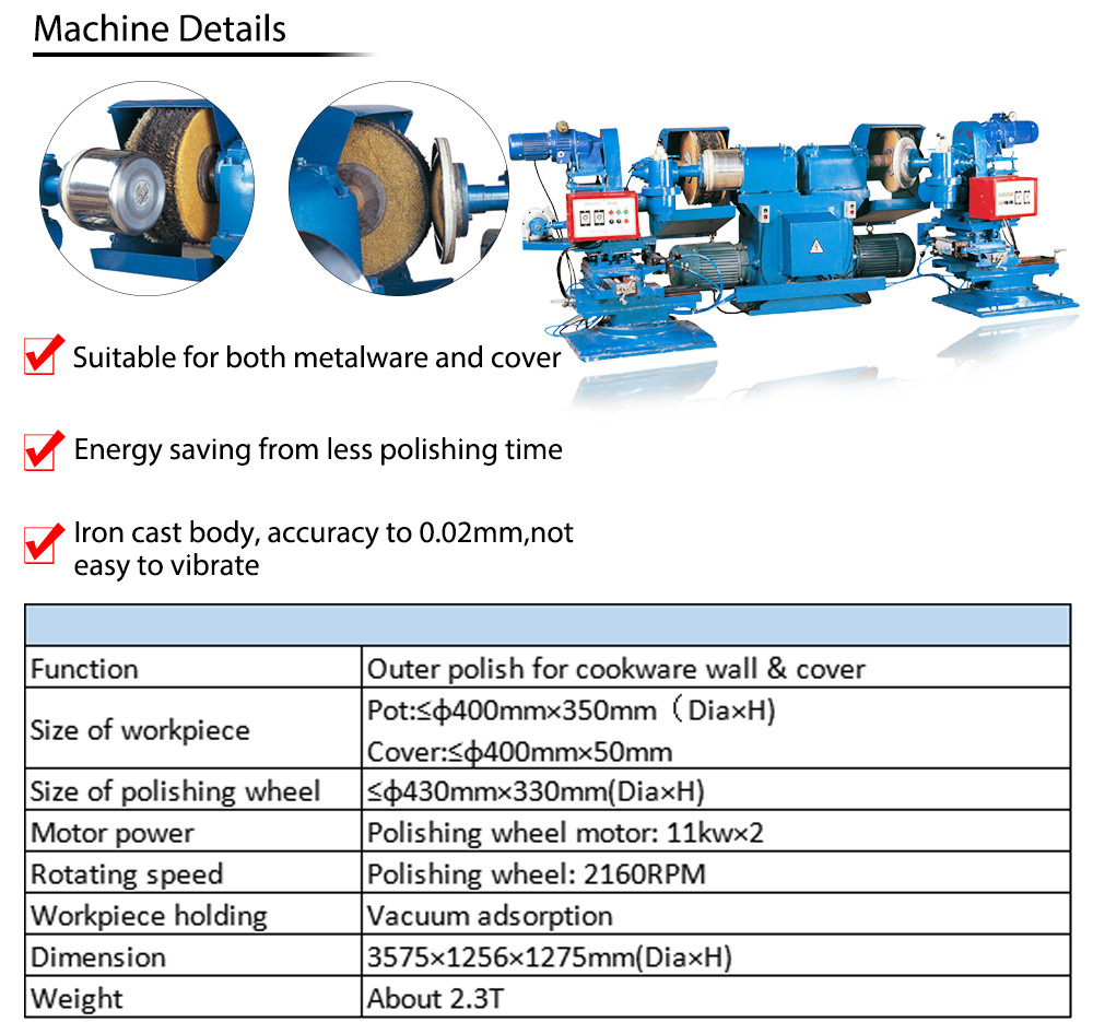 stainless steel automatic cookware polish machine for pots and pans