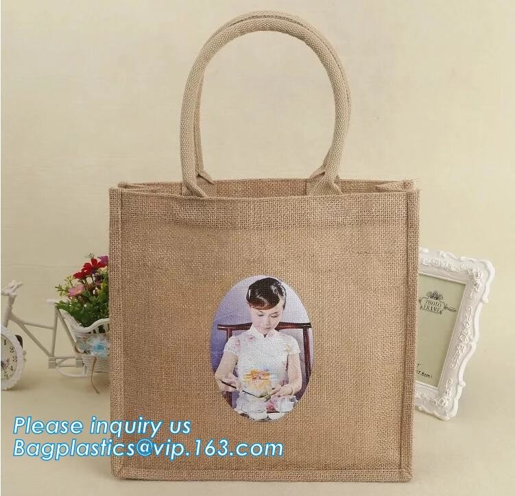 Natural Burlap Tote Shopping Bags Reusable Jute Bags with Full Gusset with Handles Laminated Interior tote shopper pack