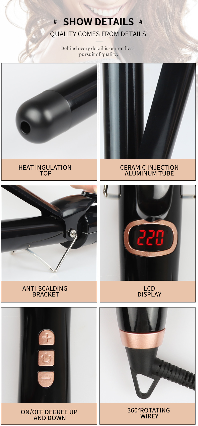 Tourmaline Ceramic Hair Curler , 25mm Barrel Hair Styler Curling Wand