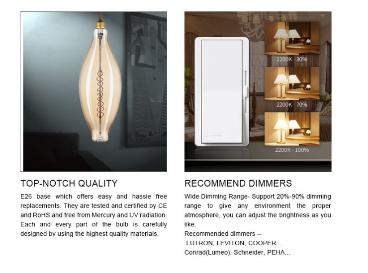BT120 230V Warm White Filament LED Bulb , E27 4w LED Decorative Dimmable Bulb