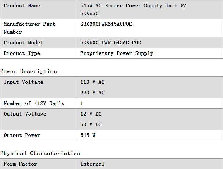 Juniper SRX600-PWR-645AC-POE,SPARE: 645W AC-source Power Supply Unit for SRX550/SRX650. Provides 397W System Power