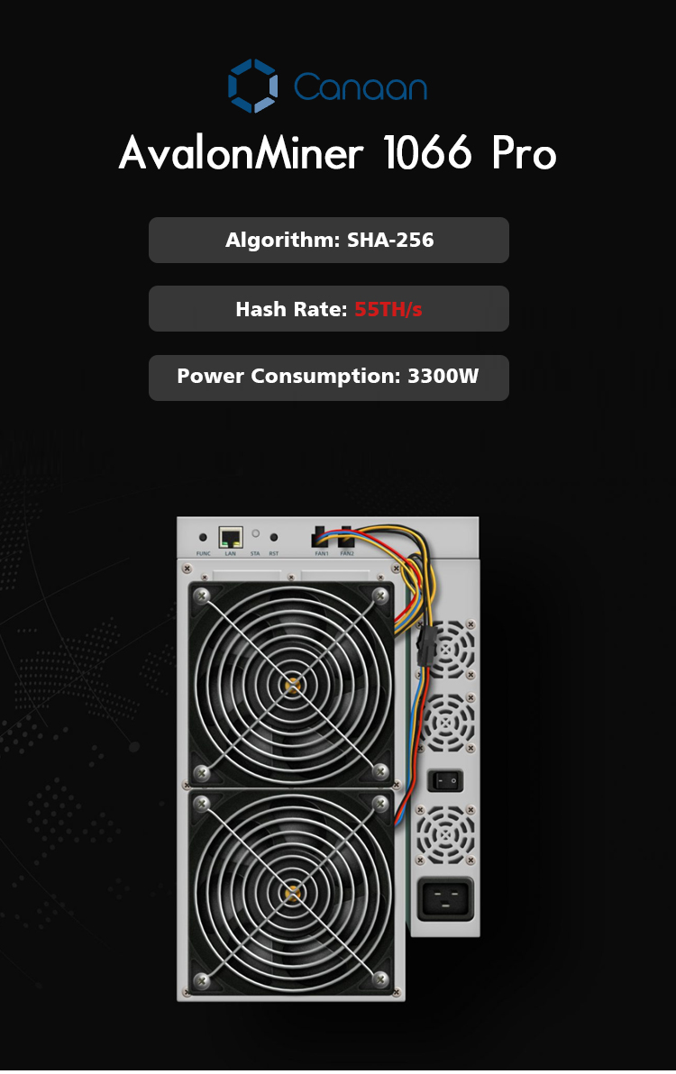 Avalon 1066 Pro 55T Avalon ASIC Miner SHA-256 Algorithm 3300W Power Consumption