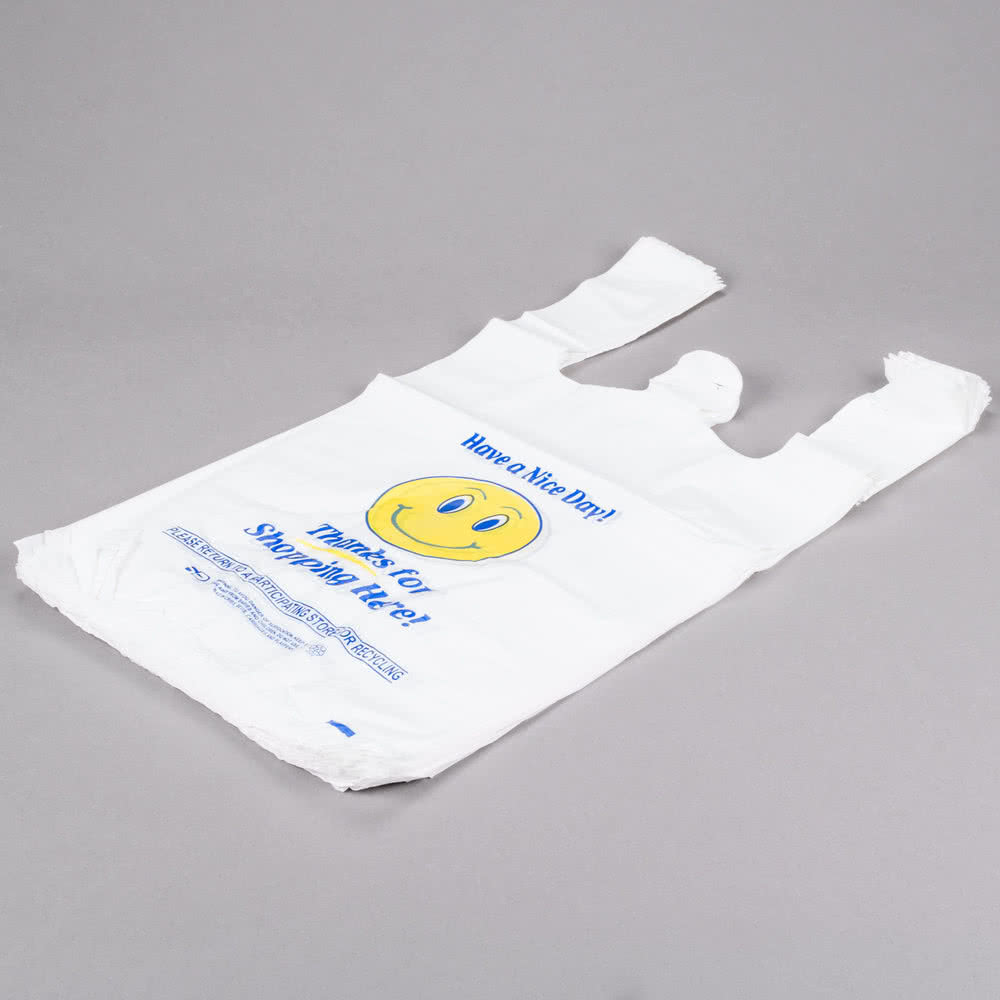 1 / 6 Size 0.71 Mil T Shirt Shopping Bags Heavy Duty Happy Face Pattern
