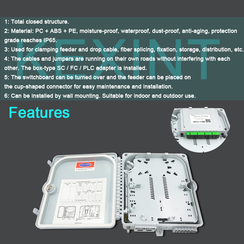 8 Core Fiber Optic Distribution Box Gray PC ABS Splitter Fiber Splicing LGX 1×8