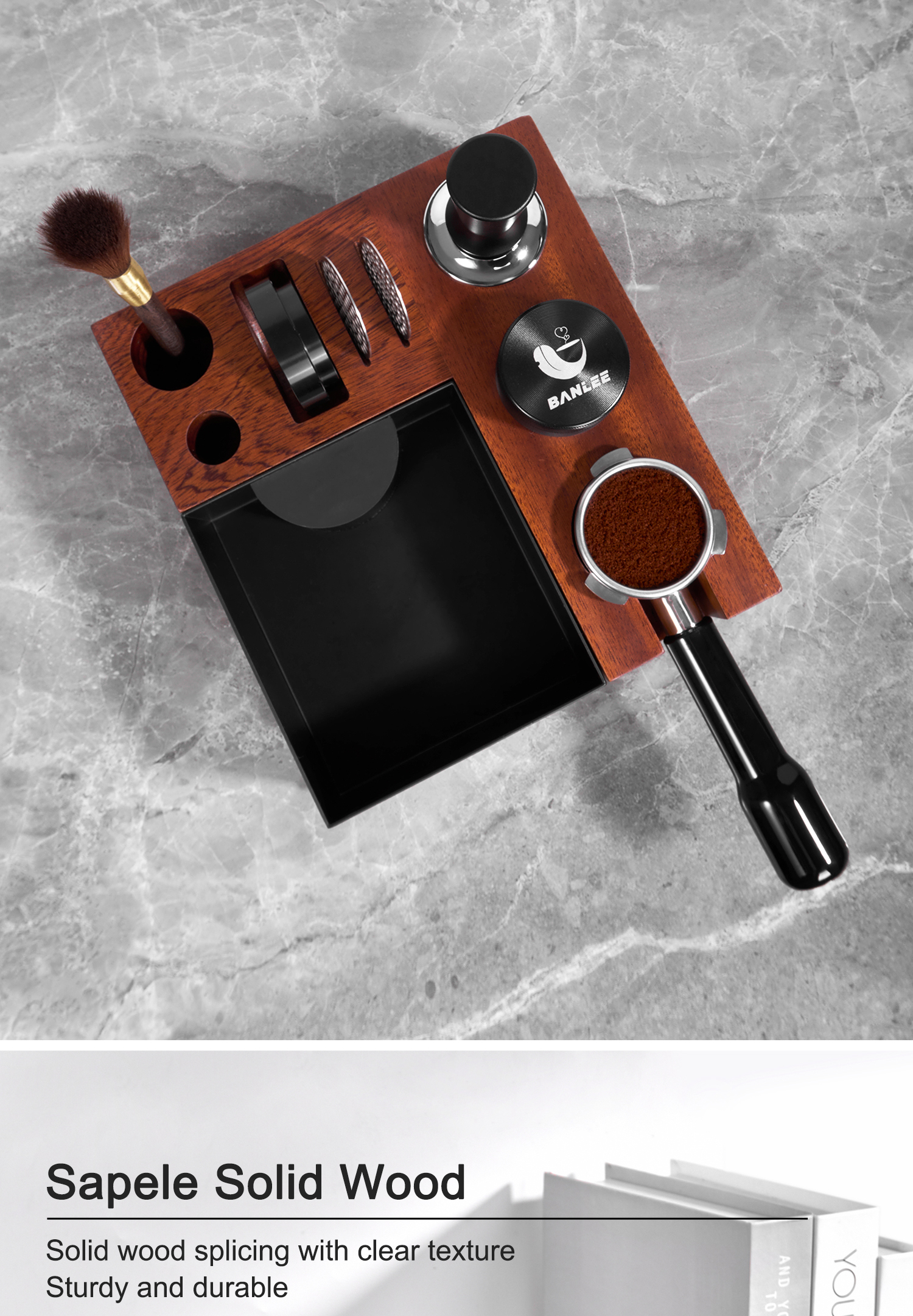 Restaurant Coffee Tools Multifunctional Wooden Knock Box with Stainless Steel Stand 58mm