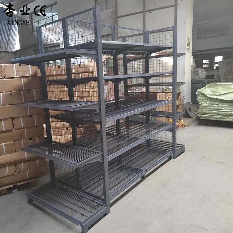 Grid Mesh Back Gondola Shelving Heavy Duty Supermarket Rack Single Sided