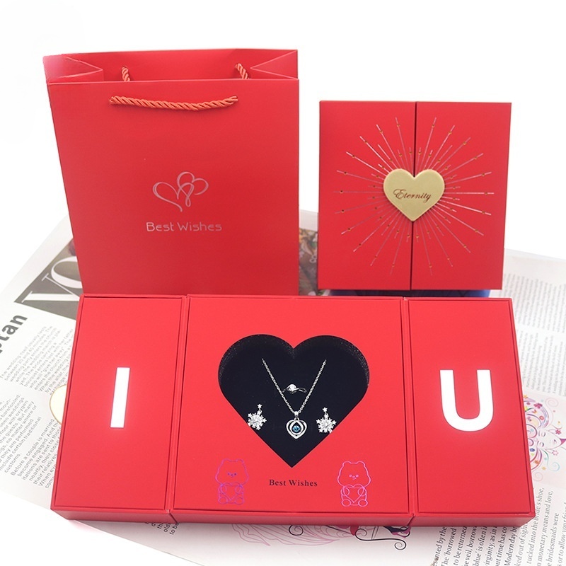2024 Custom Valentine's Day Gift Packaging Jewelry Red Heart Folding Paper Box Customized Logo