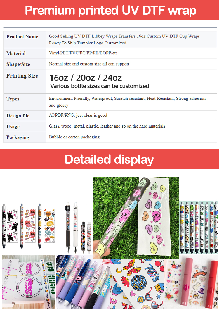 Custom Waterproof Full Color Logo Design 16oz 20oz 24oz Dtf Cup Wrap Transfers For Jars
