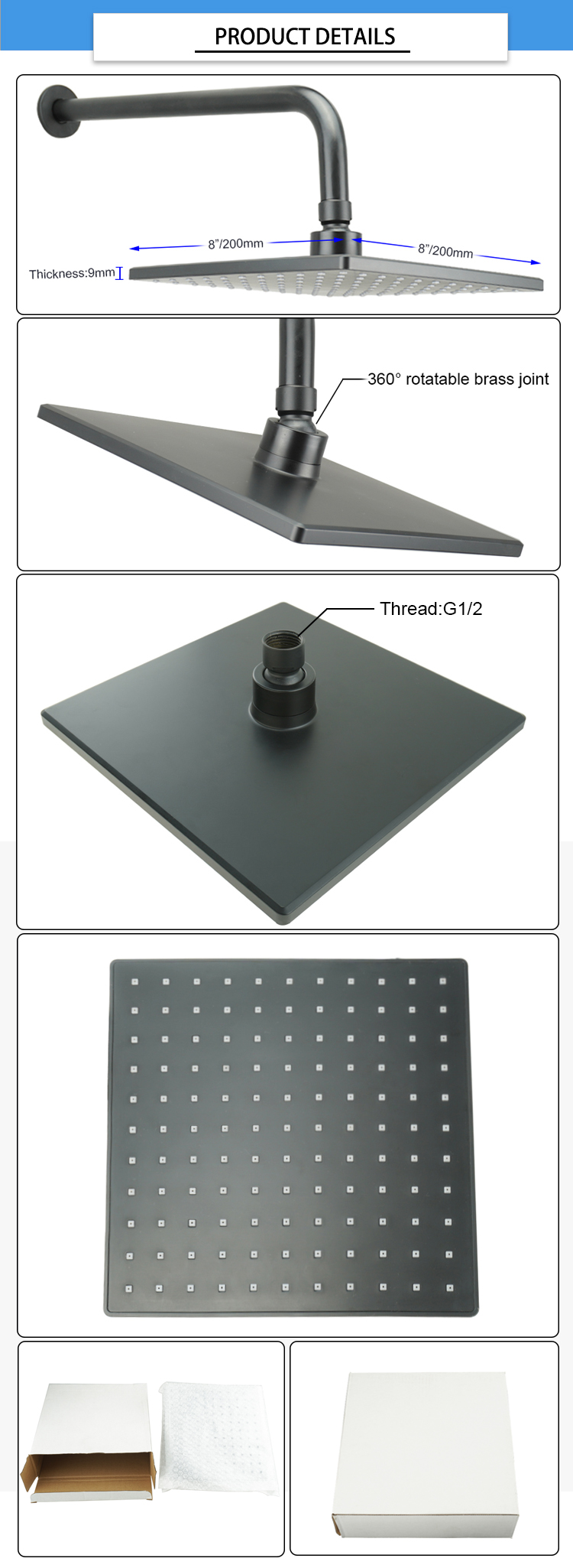 ABS Matte Black 200×200×9mm Ultra Thin Shower Head