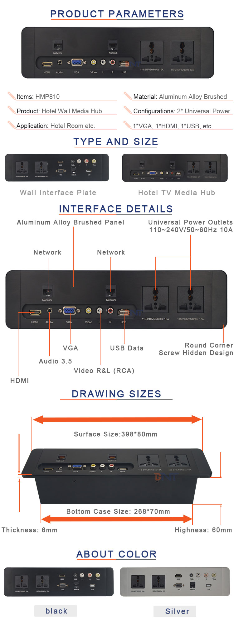 BNT 2020 new arrival built in hotel wall mount Media hub socket for TV AV Solutions with VGA/RJ45/USB