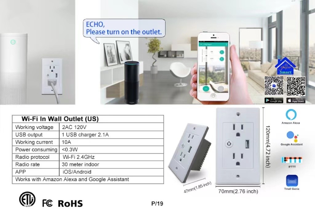 American Tuya Smart Socket 120V Maximum Voltage Wifi Factory Wholesale Smart In-wall Outlet