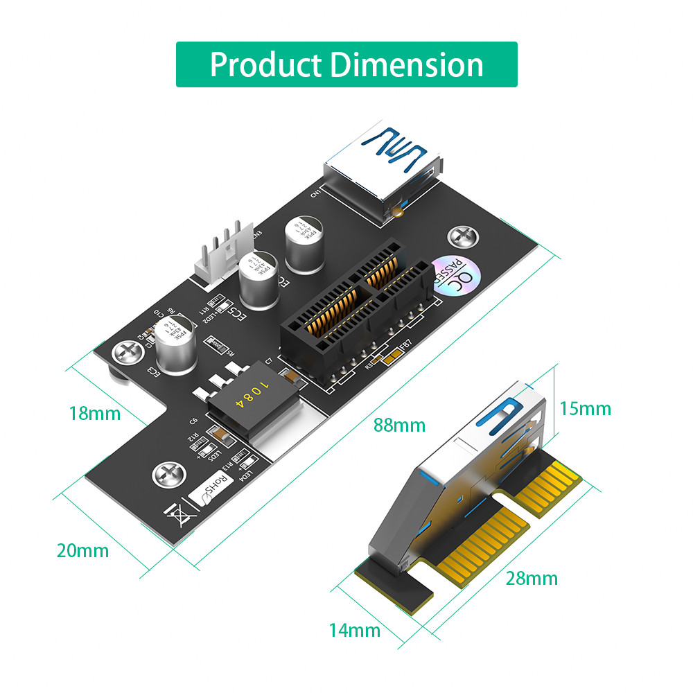 GPU PCI Express 1X To 1X / 4x / 8x / X16 Riser Card Extender With Magnetic Foot Pads