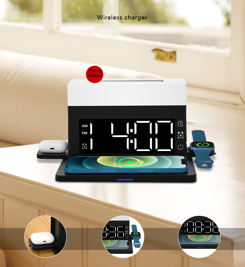 Black Protection Wireless Charger Modern Digital Clock Table Desk Night Lamp 3 In 1 Led Desk Lamp With Wireless Charger