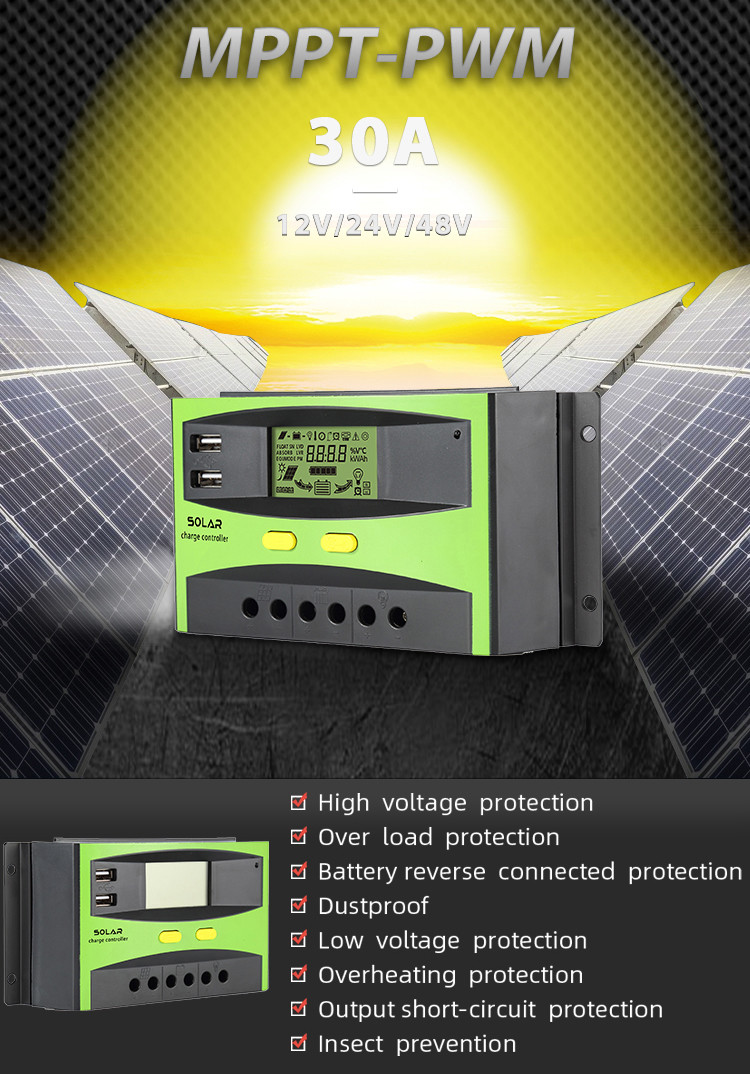 Green 48 Volt 30 Amp PWM Solar Charge Controller