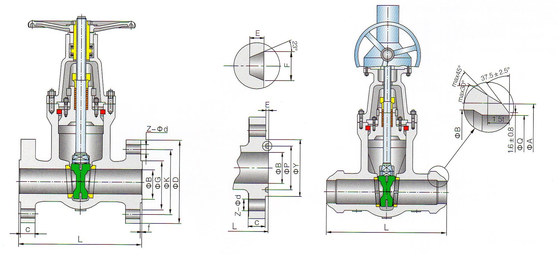 Pressure Sealing Cast Steel Gate Valve Dimenions Drawing For 1500LB-2500LB