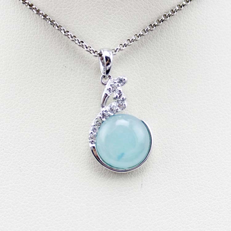 925 Sterling Silver Round Blue Chalcedony Cubic Zircon Pendant Necklace 18 Inches(PSJ0214)
