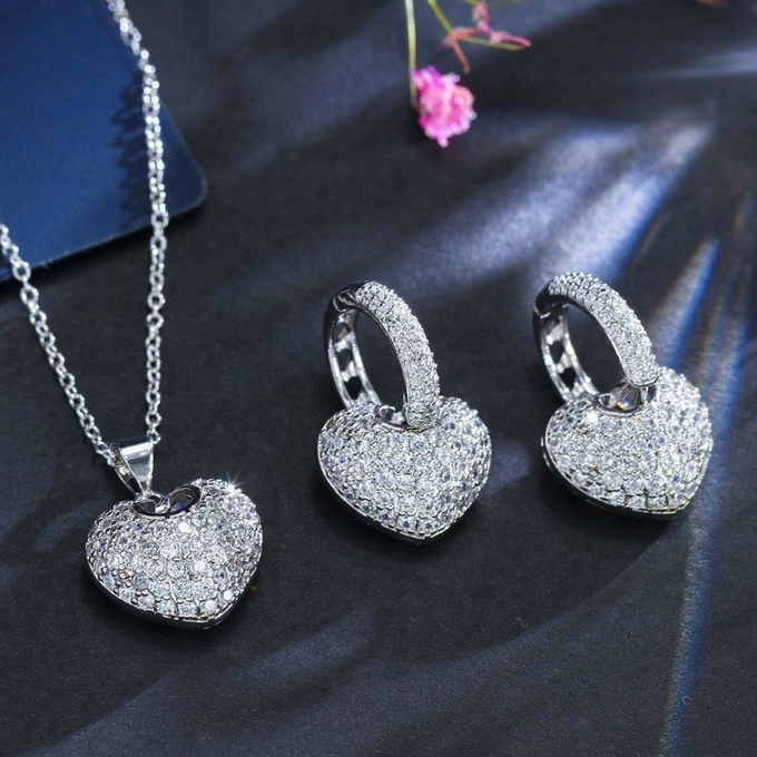 Elegant Leaf Shape Heart-Shaped Party Earrings and Necklace CZ Gold Plated Necklace Wedding Jewelry Set for Bride