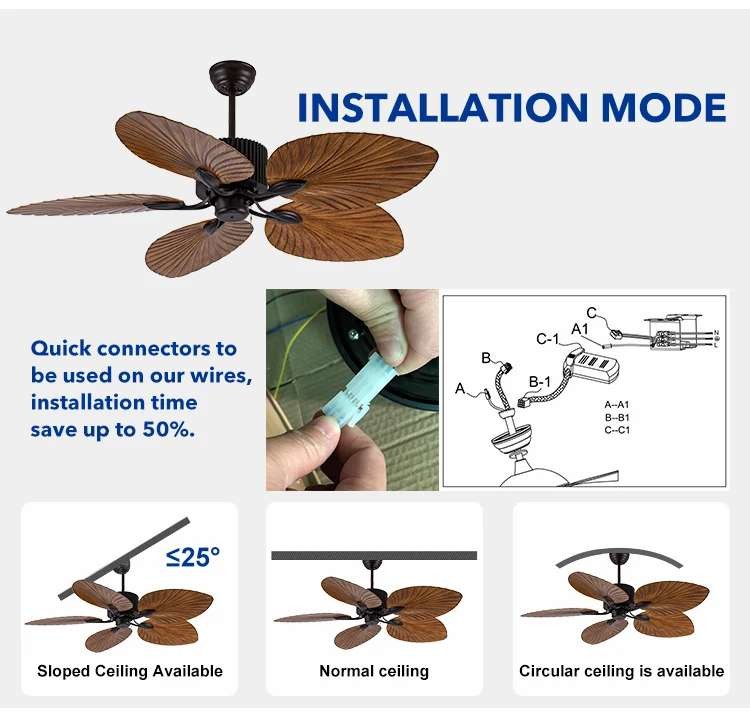 Household 52 Inch Palm Leaf ABS 5 Blades DC Motor Modern Home Decor Mute Bldc Remote Control Ceiling Fan