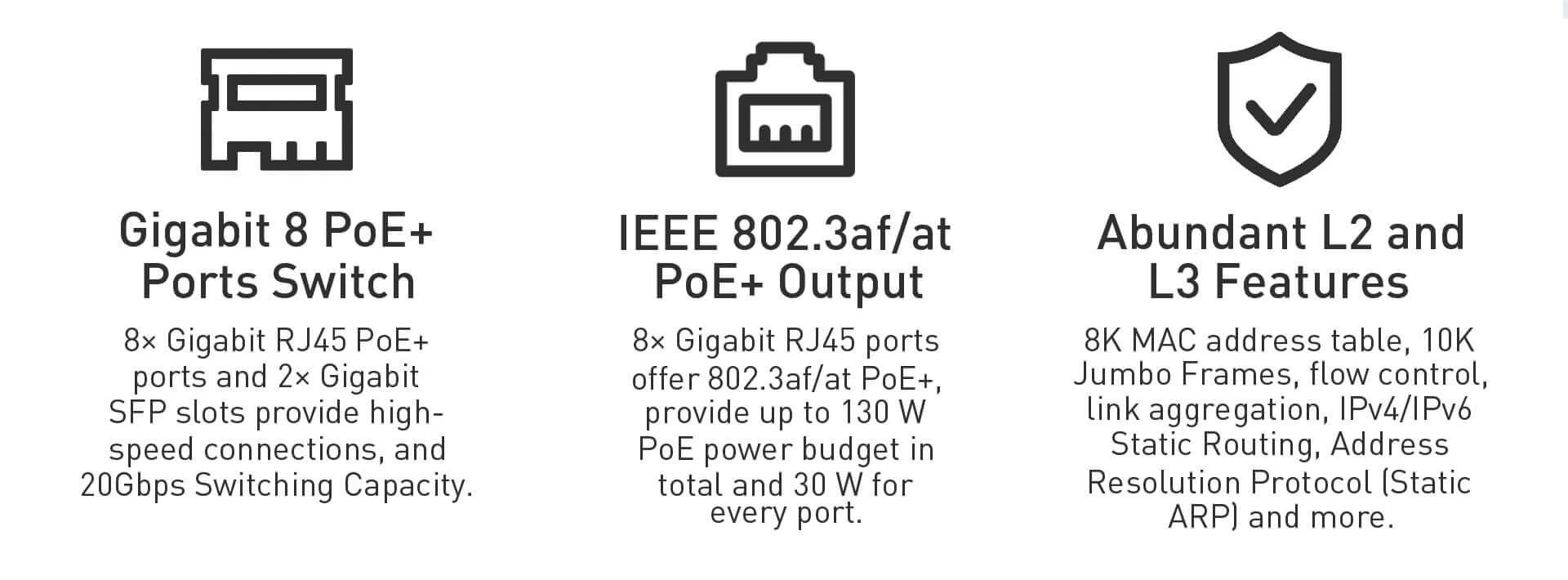 Rack Mount 8-Port Gigabit With 2G SFP Slots Uplink L2+ SNMP Managed 150W PoE Switch For Security Camera
