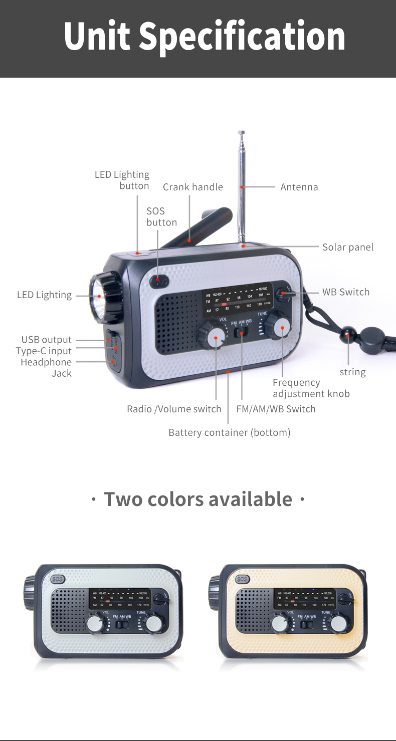SOS Emergency Waterproof Hand Crank Radio With 4000hMA Removable Battery