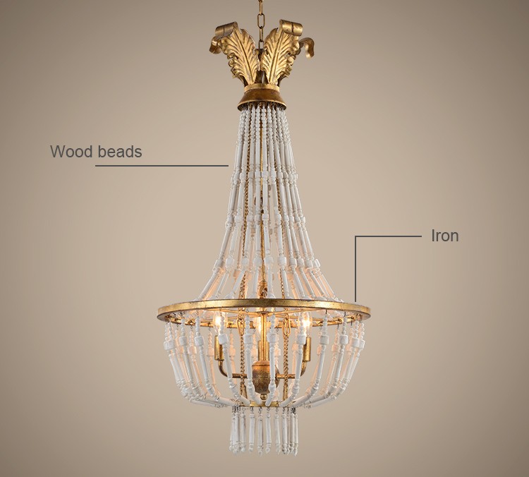 Wrought iron and wood light chandelier fixtures with Wood beads for Kitchen Dining room (WH-CI-40)