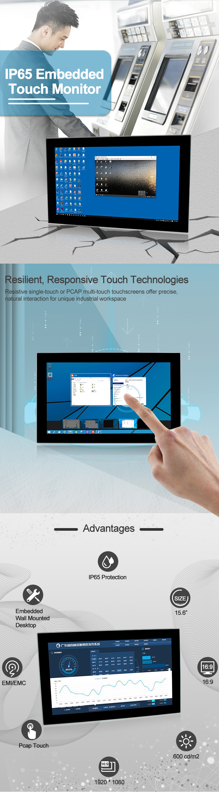 Desktop 1920x1080 Capacitive Touch Monitor 15.6" Size Ip65 Waterproof