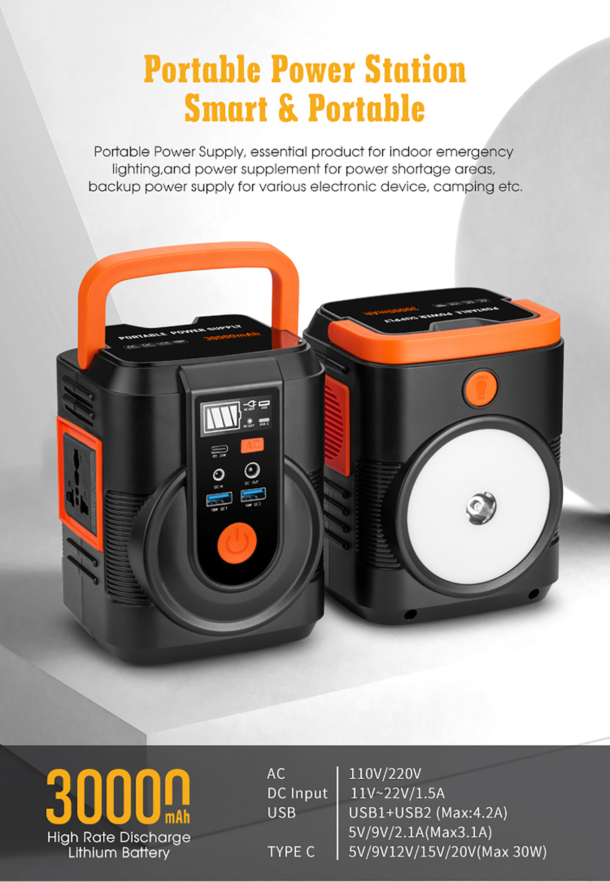Lithium Ion Portable Solar Power Bank 30000mah 110V / 220V For Outdoor Camping