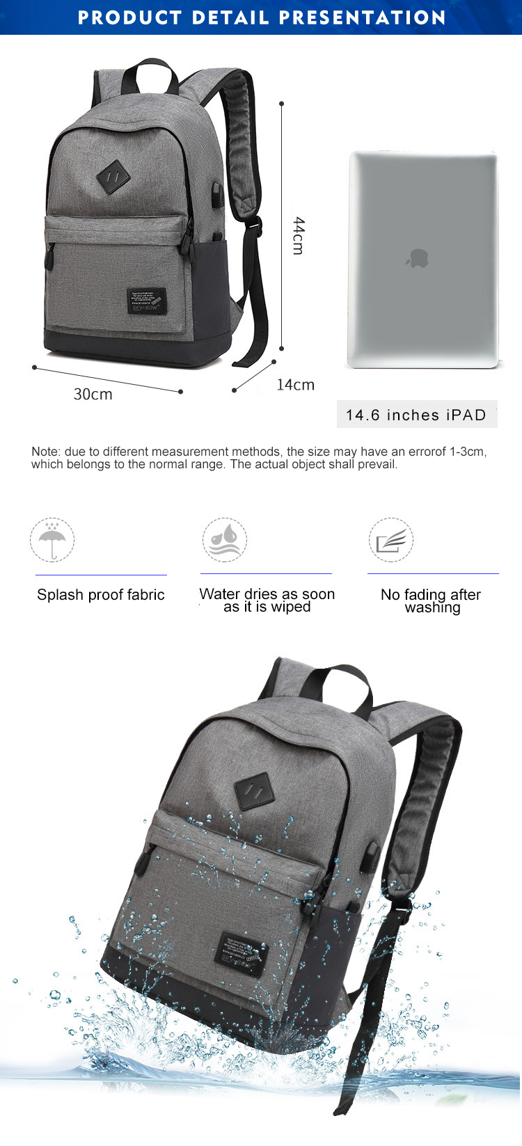 Anti Theft Student School Backpack 18.5L Lightweight Laptop Rucksack