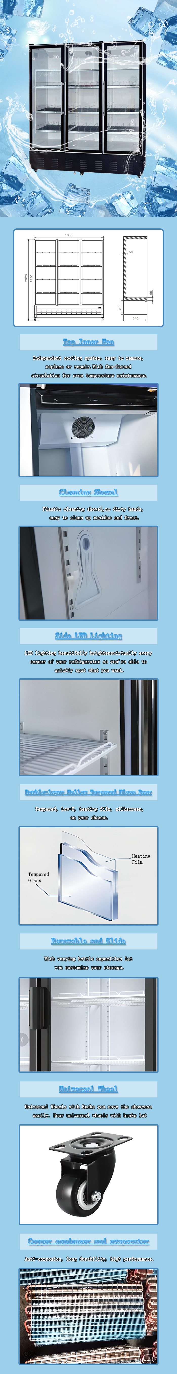 Supermarket Glass Door Cooler Showcase , 220V 50HZ Three Door Upright Cooler