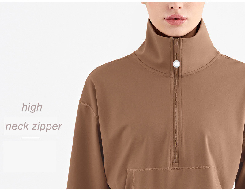 High Neck Nylon Leisure Ladies Yoga Tops Thicken Semi Zipper For Women