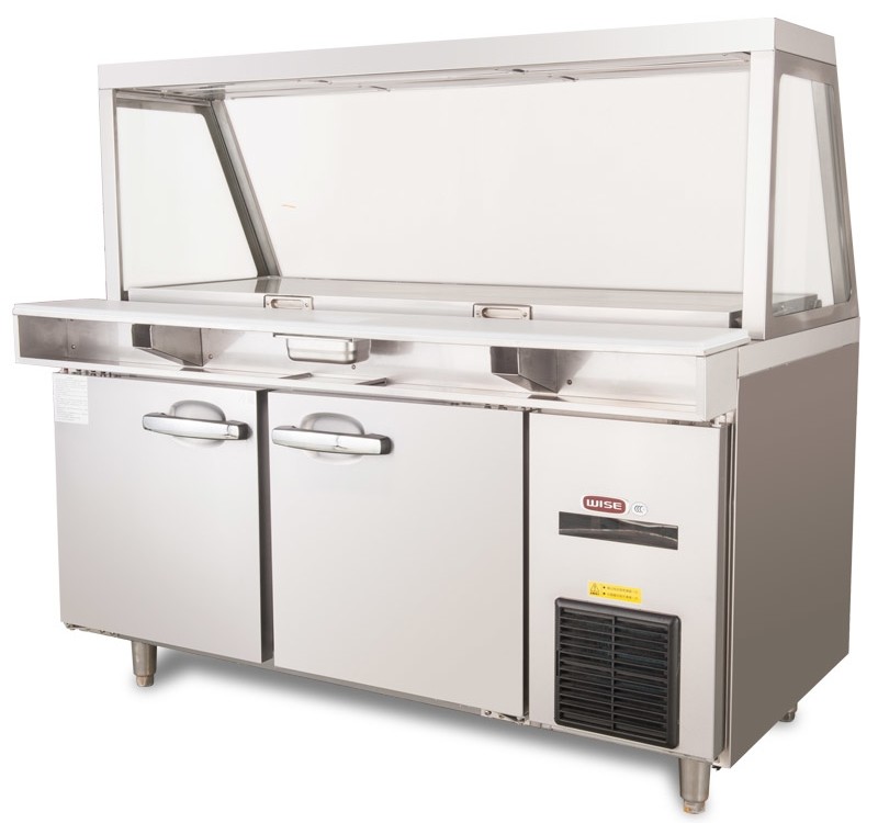Blue Ray 2 Door Refrigerated Sandwich Prep Table With Glass Lid Fan Cooling / Commercial Salad Bar Refrigerator Freezer