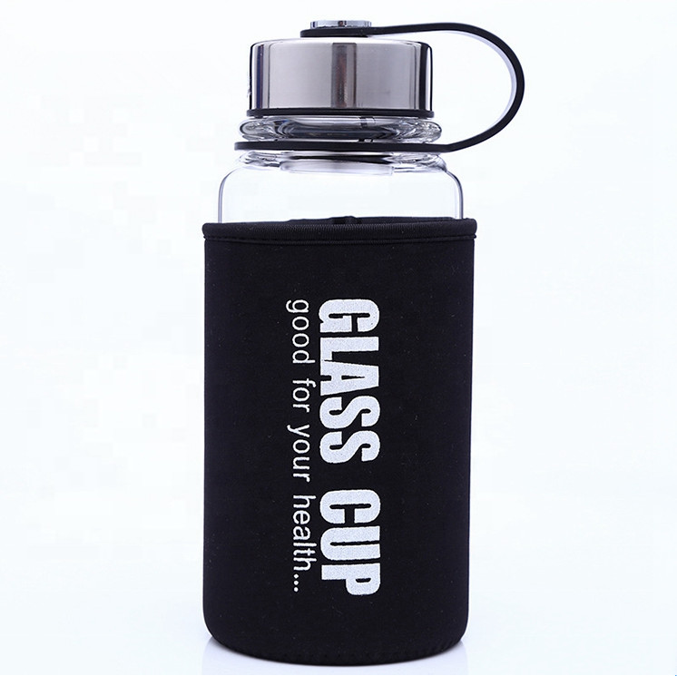 Big Size Sports Durable High Borosilicate 1 Liter Glass Water Bottle With Nylon Sleeve