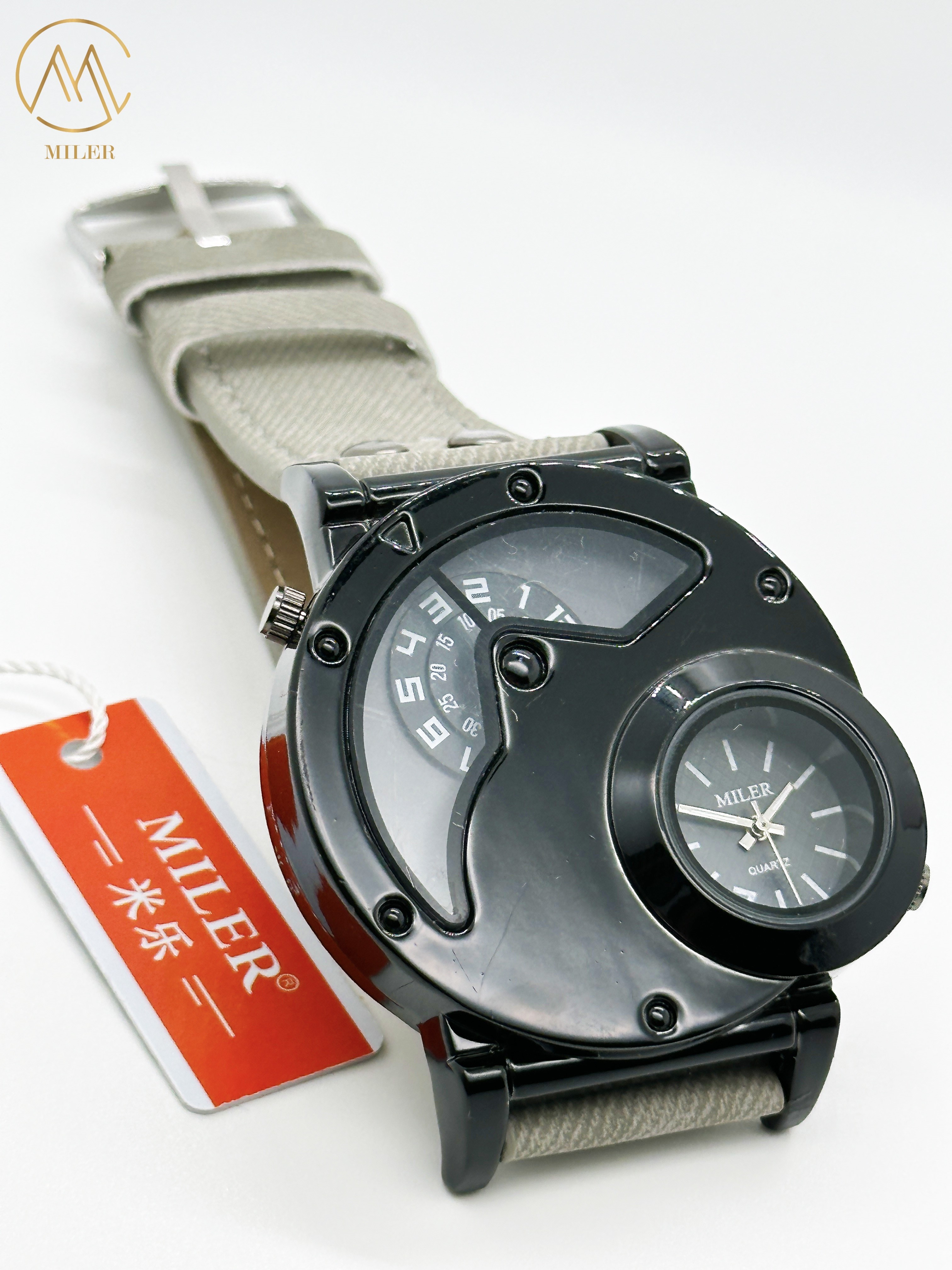 OEM Double Movement Mens Sports Watch With Denim Band Hook Buckle