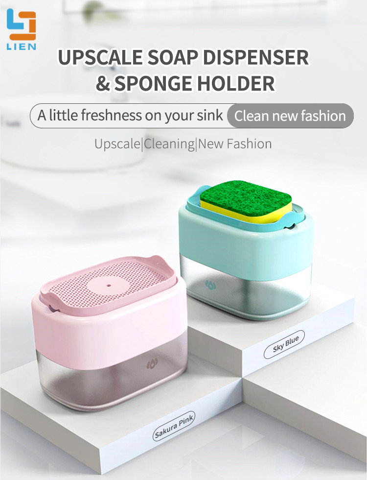 2 In 1 Hand Press Kitchen Soap Dispenser Liquid Dish Washing Sponge Pump