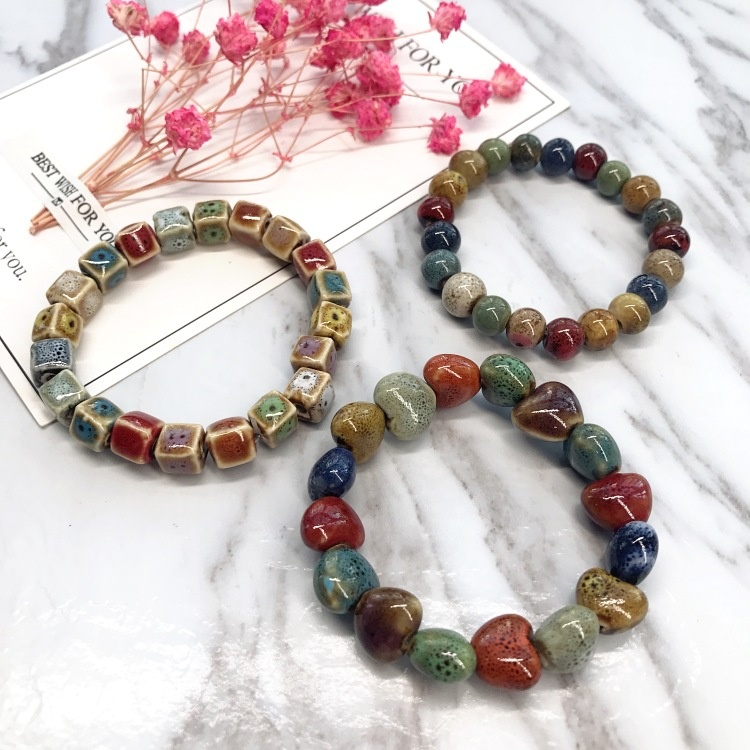 Ethnic Style Heart Sale High Temperature Flower Glaze Colored Ceramic Glaze Ceramic Bracelet Retro Multi-Style Painted Bracelet