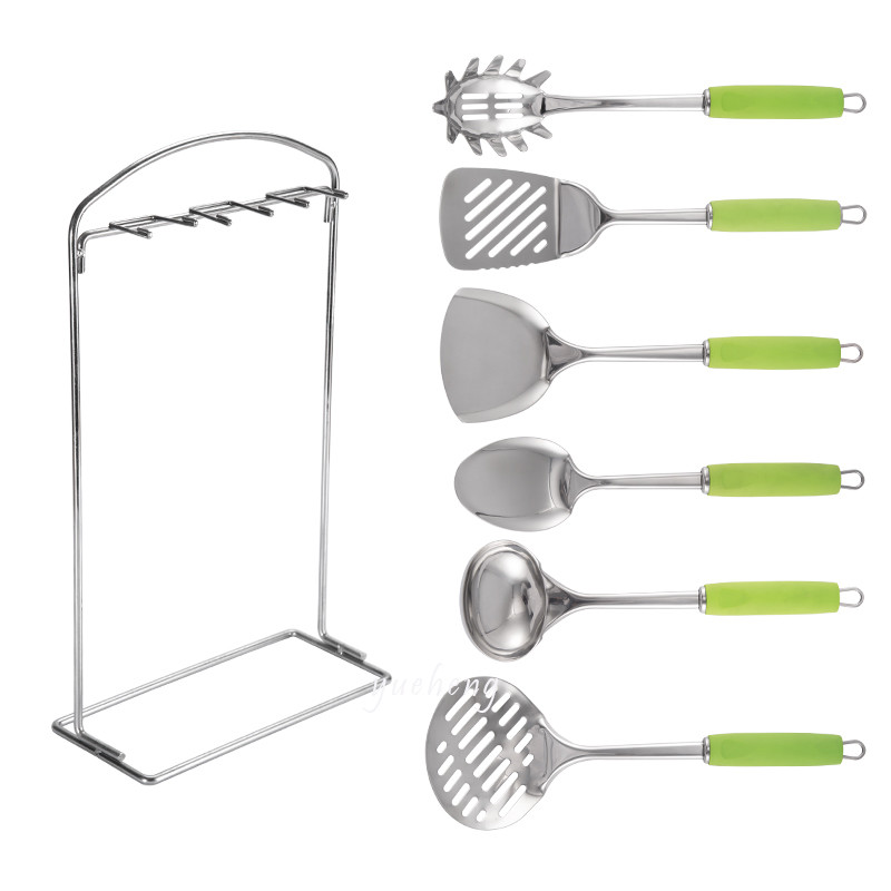 6pieces kitchen tools with Soft handle Green color handle with tray soup scoop Pasta Server Spoon Draining Spoon Slotted