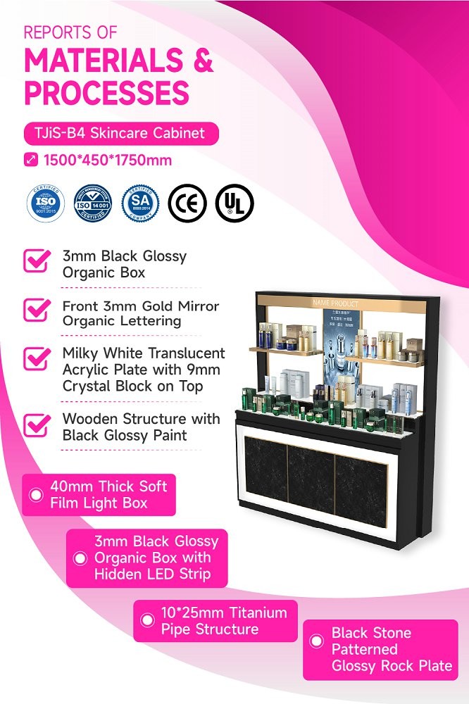 TJiS-B4 3mm Black Glossy Organic Box Skincare Display Cabinet with Hidden Storage