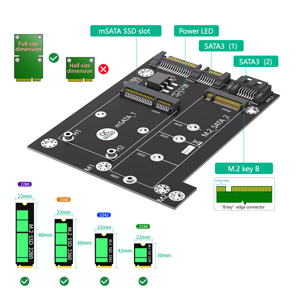 MSATA to Dual SATA3 Converter Adapter Card for Upgrade Version 2 in 1 M.2 NGFF SSD