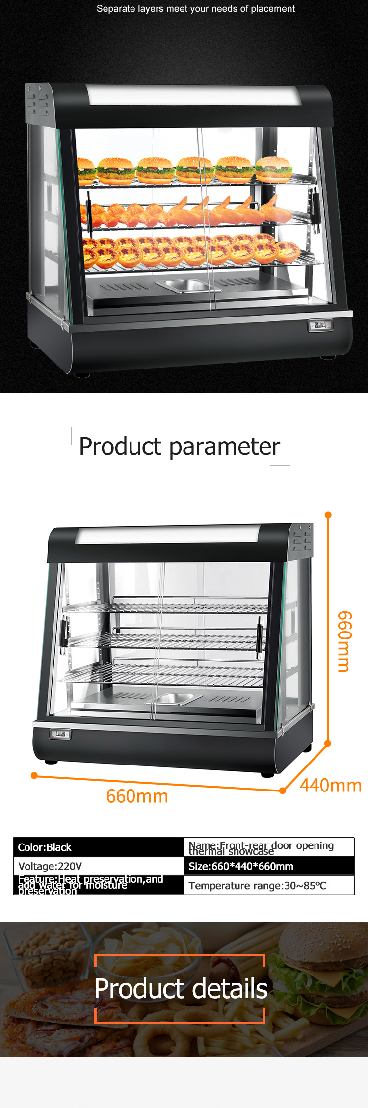 Electric Countertop Glass Food Warmer Display Showcase 3 Layers Table Top Power Source